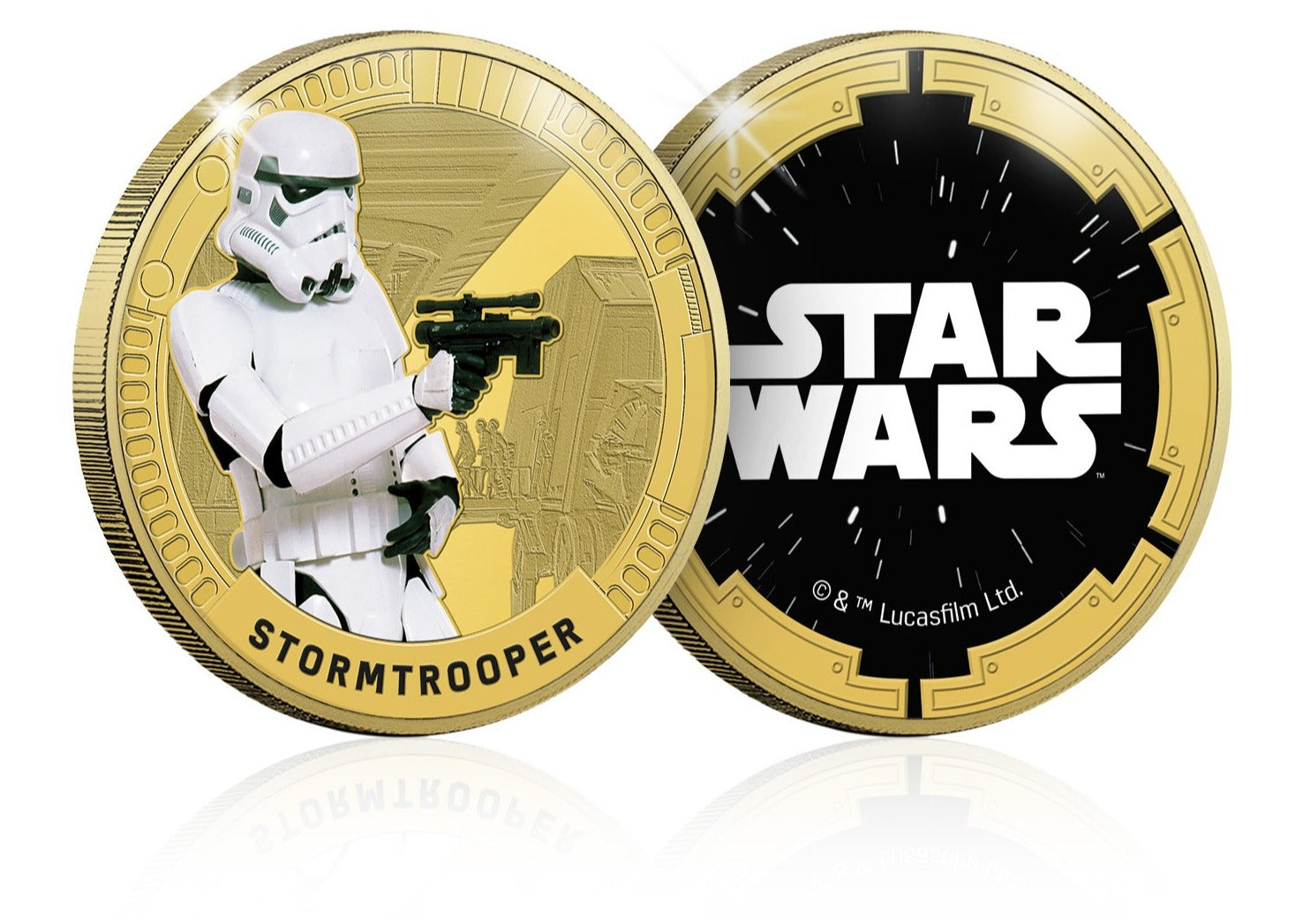 Star Wars Trilogía Original Episodios IV - VI - Stormtrooper - Moneda / Medalla conmemorativa acuñada con baño en Oro 24 quilates y coloreada a 4 colores - 44mm