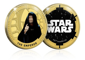 Star Wars Trilogía Original Episodios IV - VI - The Emperor - Moneda / Medalla conmemorativa acuñada con baño en Oro 24 quilates y coloreada a 4 colores - 44mm