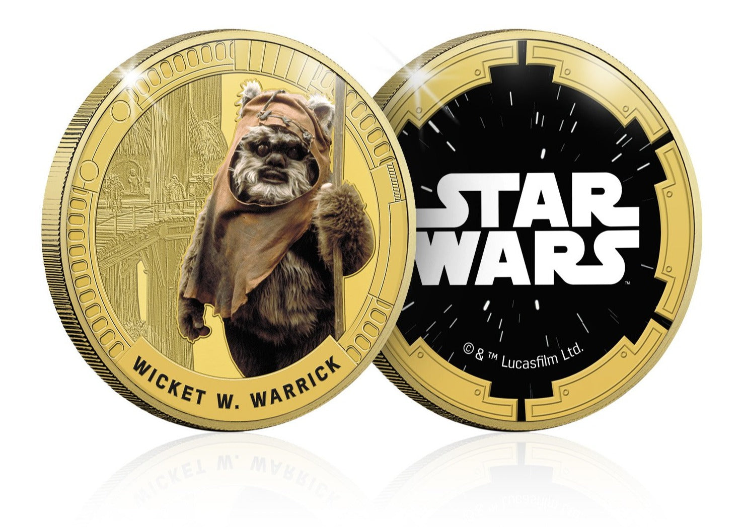 Moneda de la trilogía original de Star Wars: Wicket W. Warrick, chapada en oro de 24 quilates, diseño de 4 colores, 44 mm