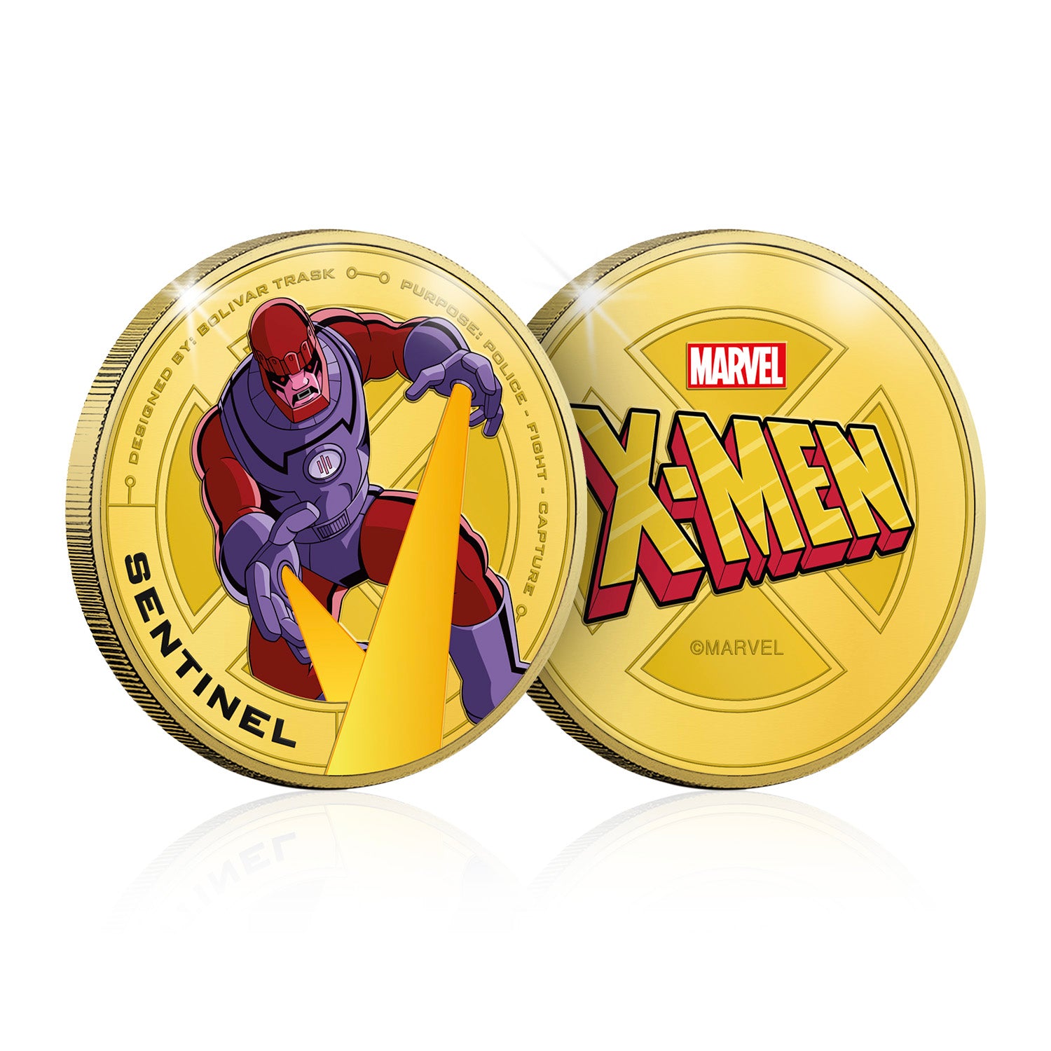Marvel X-MEN Colección - Sentinel, Moneda / Medalla conmemorativa acuñada con baño en Oro 24 quilates y coloreada a 4 colores - 44mm