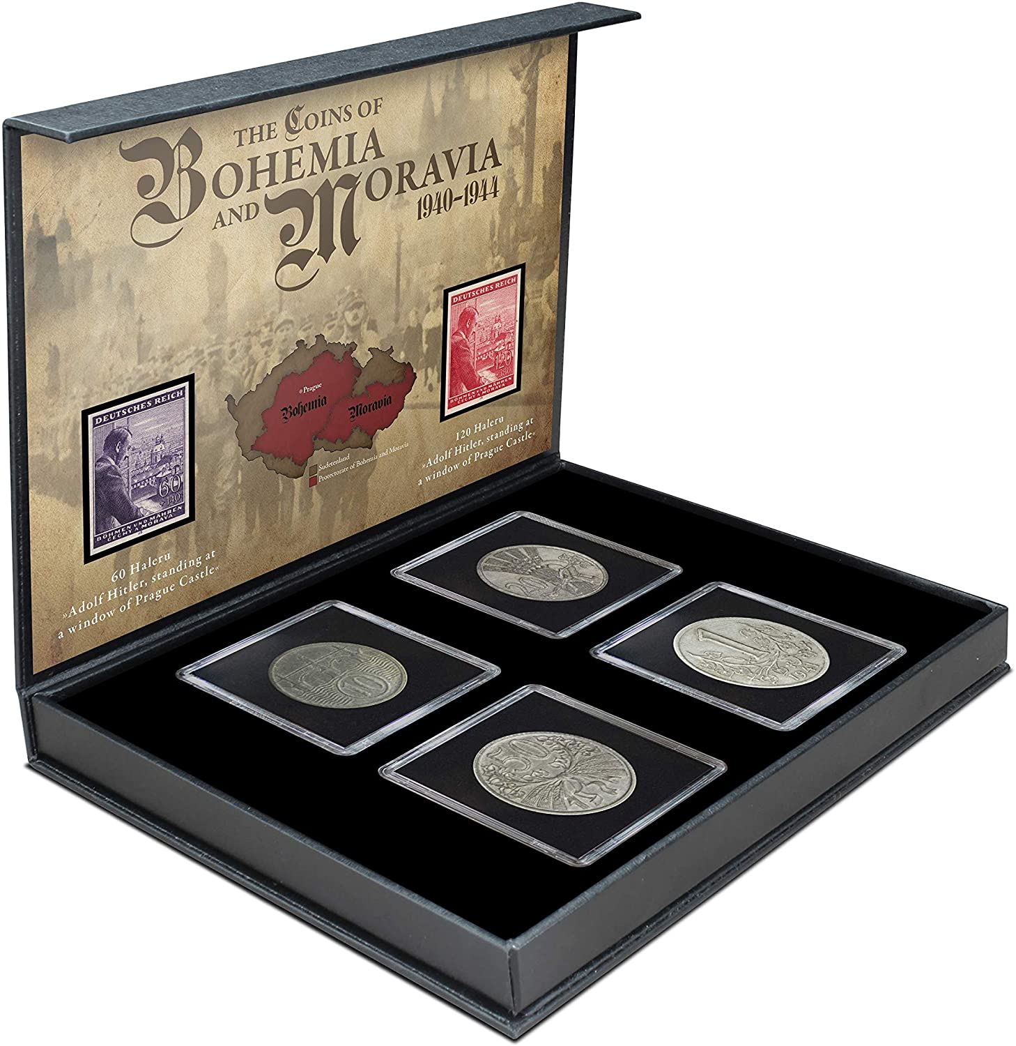 Zweiter Weltkrieg - 4 Münzen und 2 Briefmarken aus Böhmen und Mähren 1940-1944