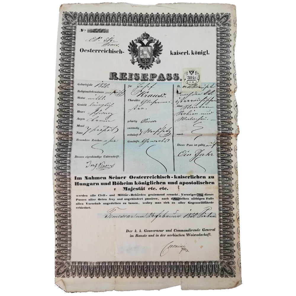 Authentic World Document - Austro-Hungarian Empire Passport 1850